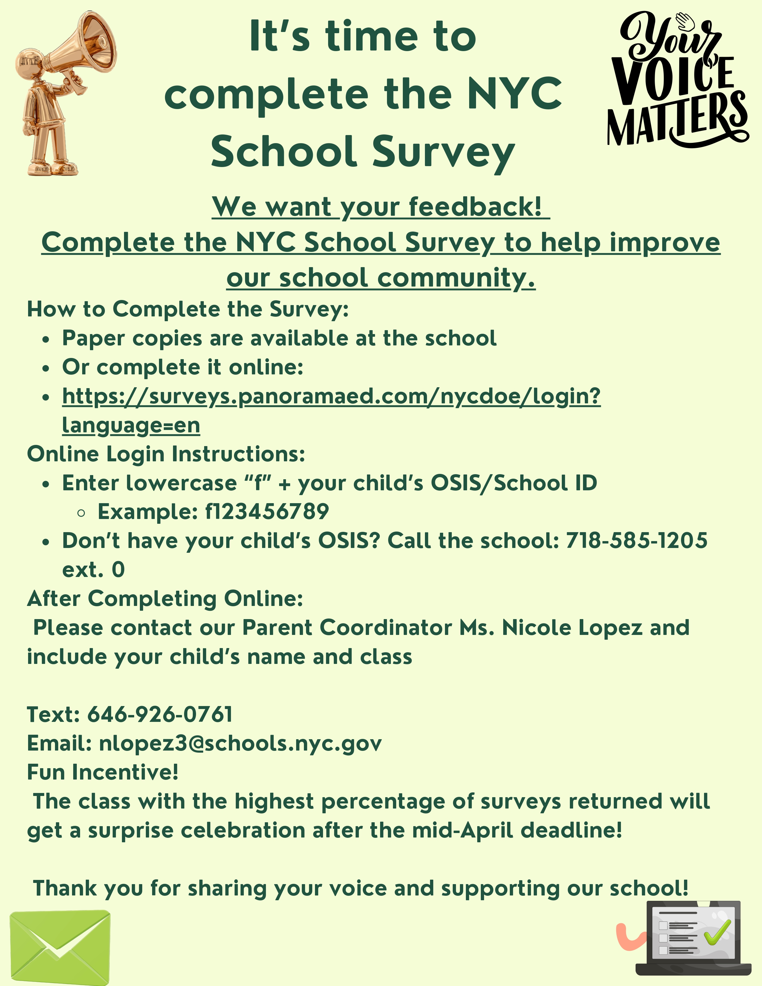 Flyer announcing the NYC School Survey with completion instructions for families