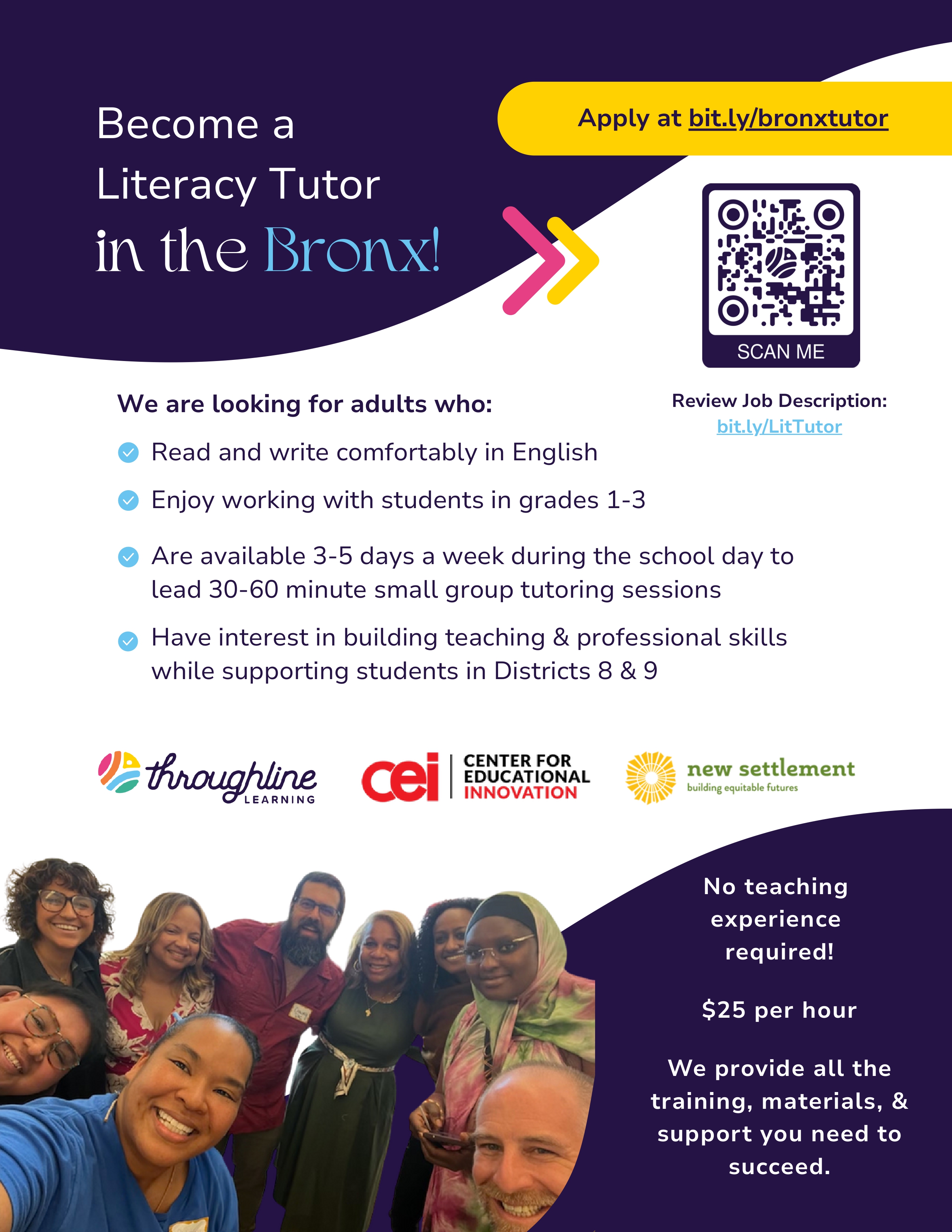 Flyer recruiting Bronx literacy tutors offering twenty-five dollars per hour