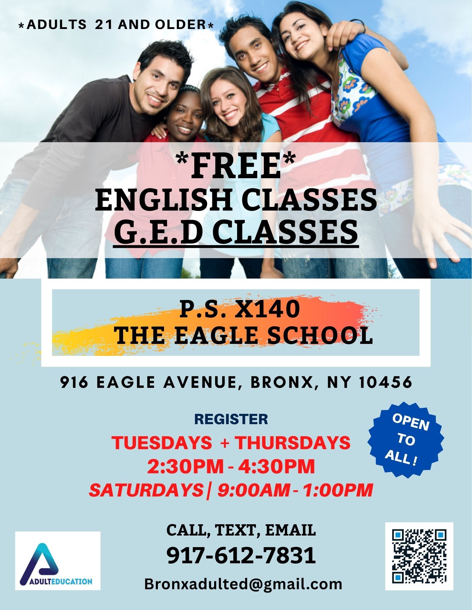 Flyer for free adult English and GED classes at PS X140 Bronx