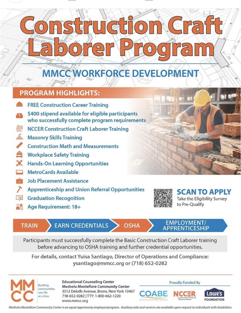 MMCC Construction Craft Laborer Program workforce development flyer with details