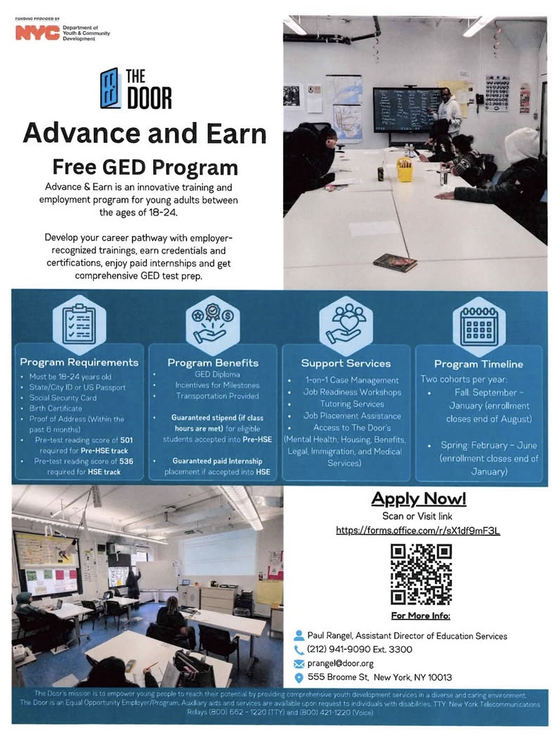 Flyer for The Door Advance and Earn Free GED Program ages 18 to 24