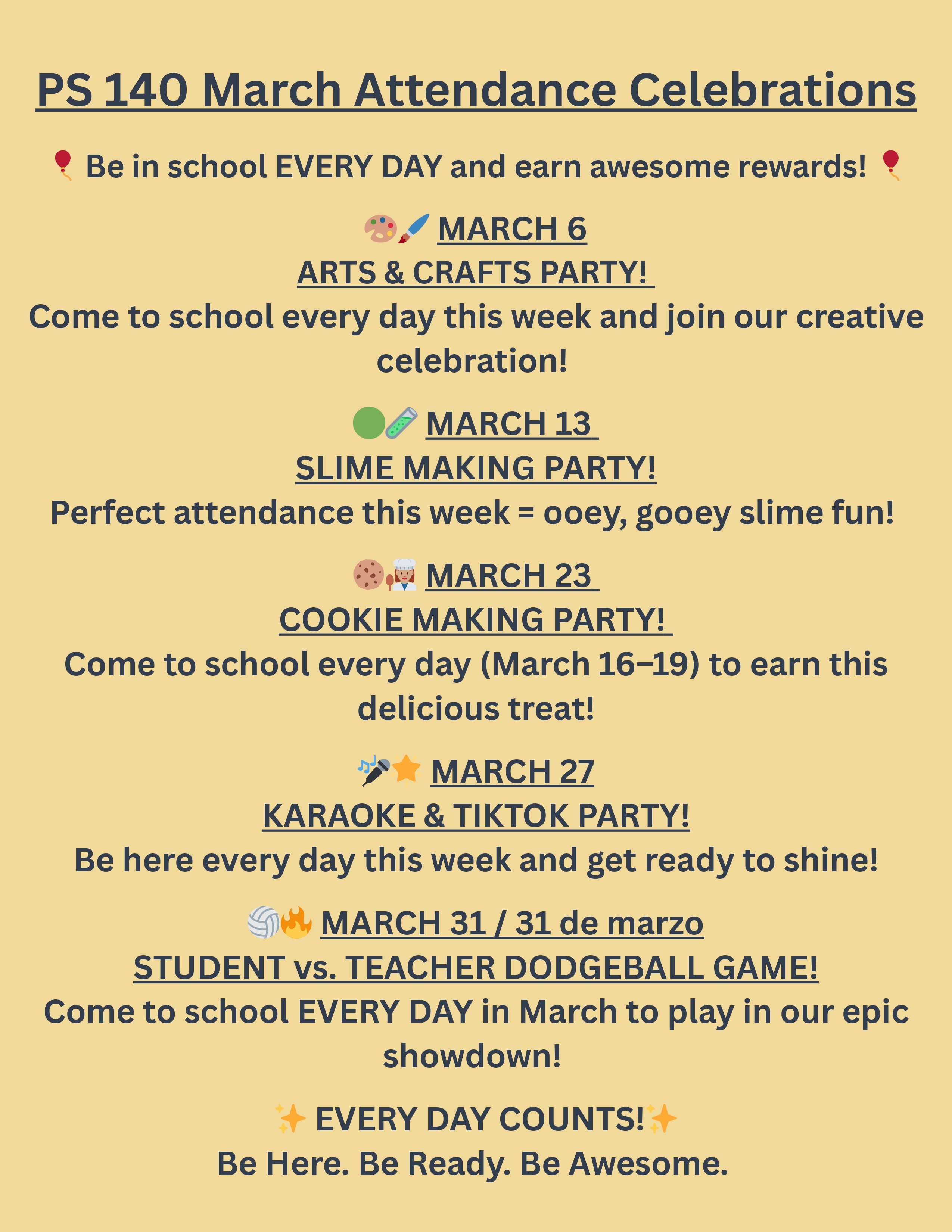 PS 140 March attendance celebration events flyer listing party dates