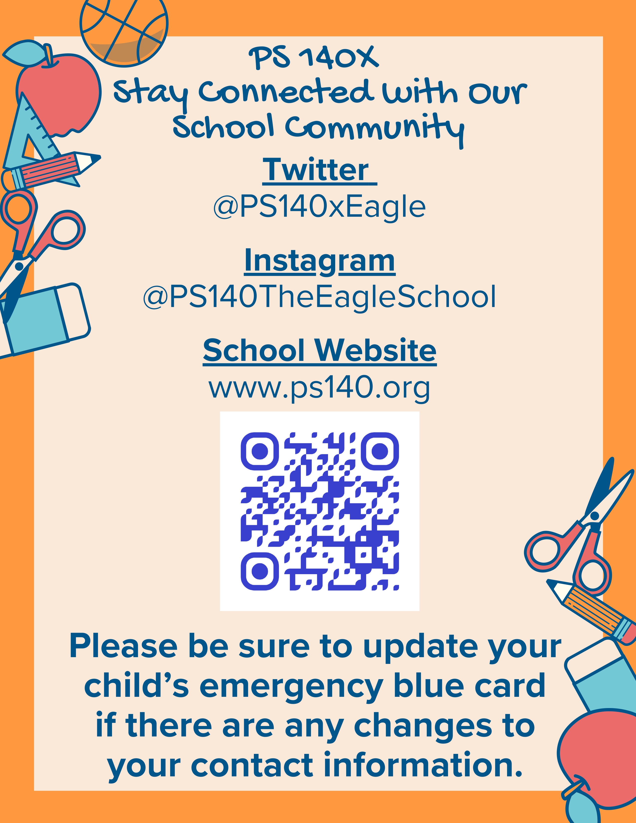 PS 140X stay connected flyer with social media handles and QR code