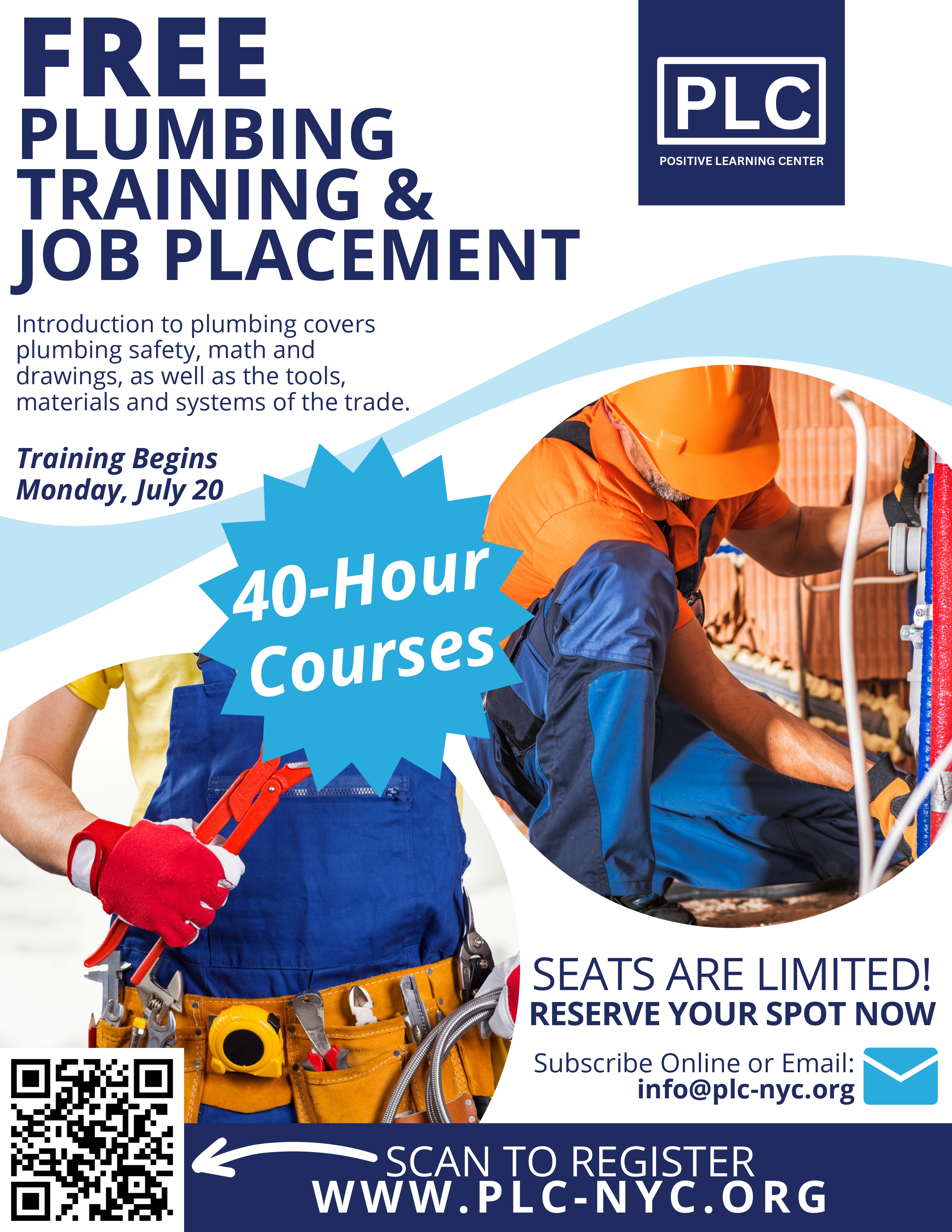 Flyer for free plumbing training and job placement program at PLC