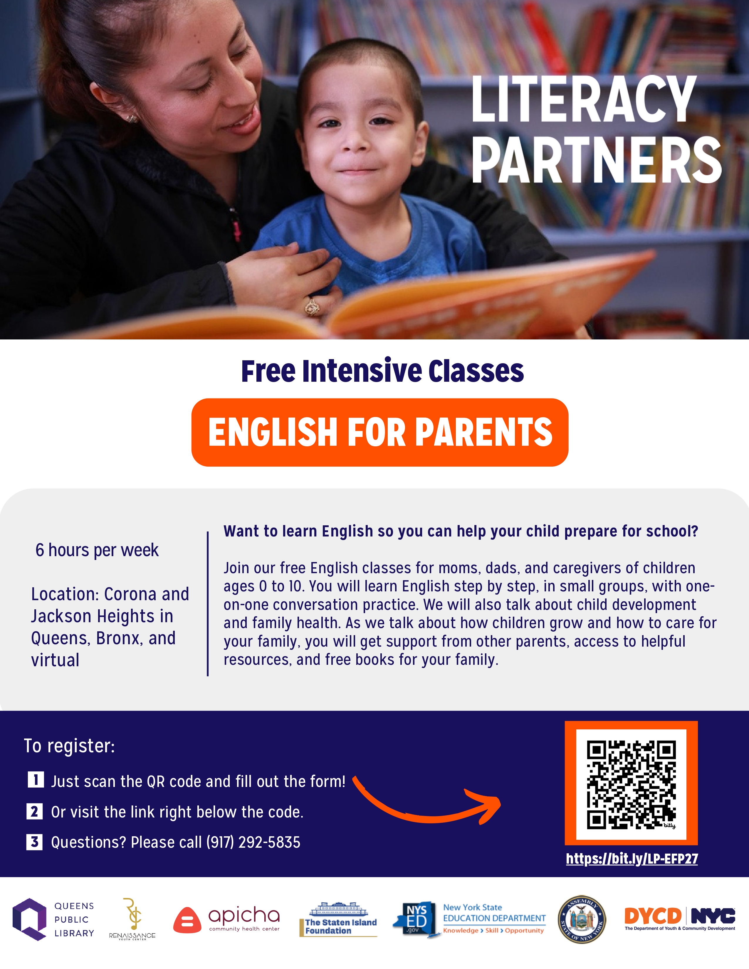 Flyer for free English classes for parents through Literacy Partners program