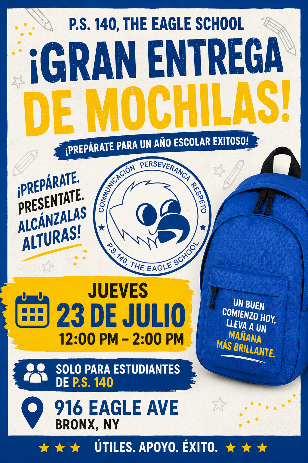PS 140 backpack giveaway flyer July 23 12 to 2 PM