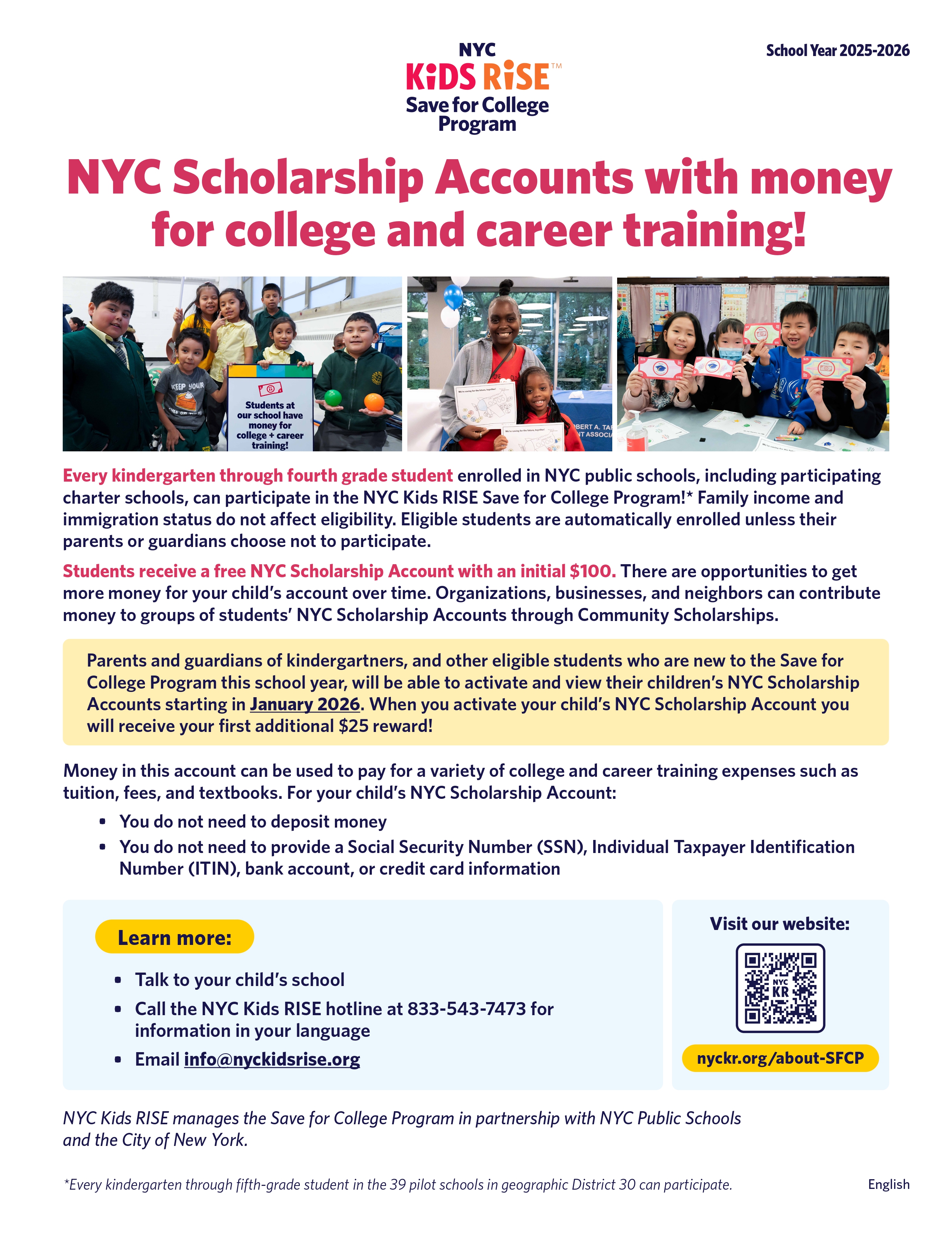 NYC Kids RISE Save for College Program flyer for school year 2025-2026