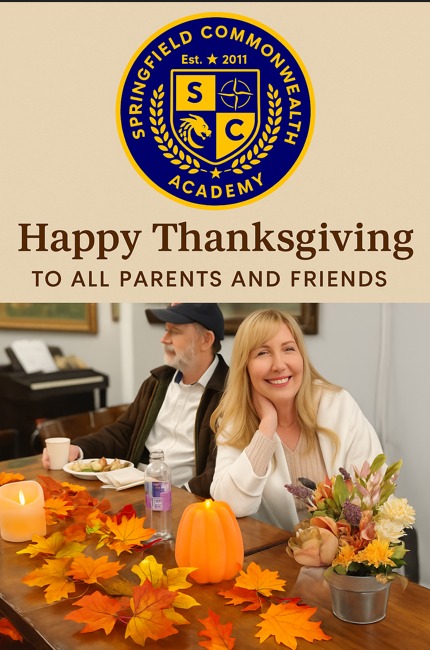 Thanksgiving greeting from Springfield Commonwealth Academy with smiling woman and man seated at a festive table decorated with autumn leaves, candles, and flowers.