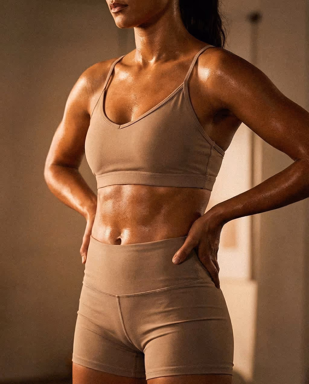 Fit woman in beige sports bra and shorts with hands on hips, showing toned and sweaty midsection.