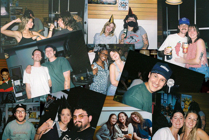 A collage featuring photos from Daydrink's 5 years in operation. The photos feature past and current employees and owners at various events thrown by Daydrink. Some are silly like two people holding their fists up pretending to face off. Some photos are are snapshots into the moment they were taken like two owners smiling with pride at the camera with their arms around each other . All the photos come together like printed out photos strewn about on a table waiting to be stumbled upon causing a nostalgic smile.