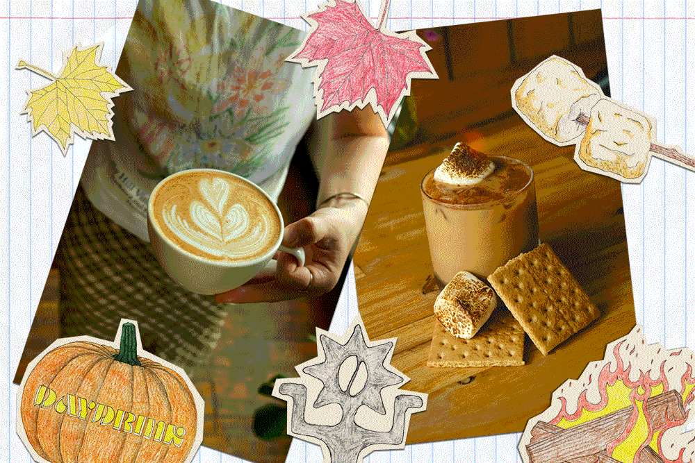 A flash photo of Daydrink, a coffee shop with baristas preparing drinks. Welcome to Daydrink's Radical Website is overlayed on the image with rainbow text and yellow stars.