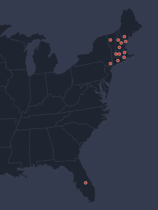 Map of northeastern United States with red dots marking multiple locations concentrated in New England and one in Florida.