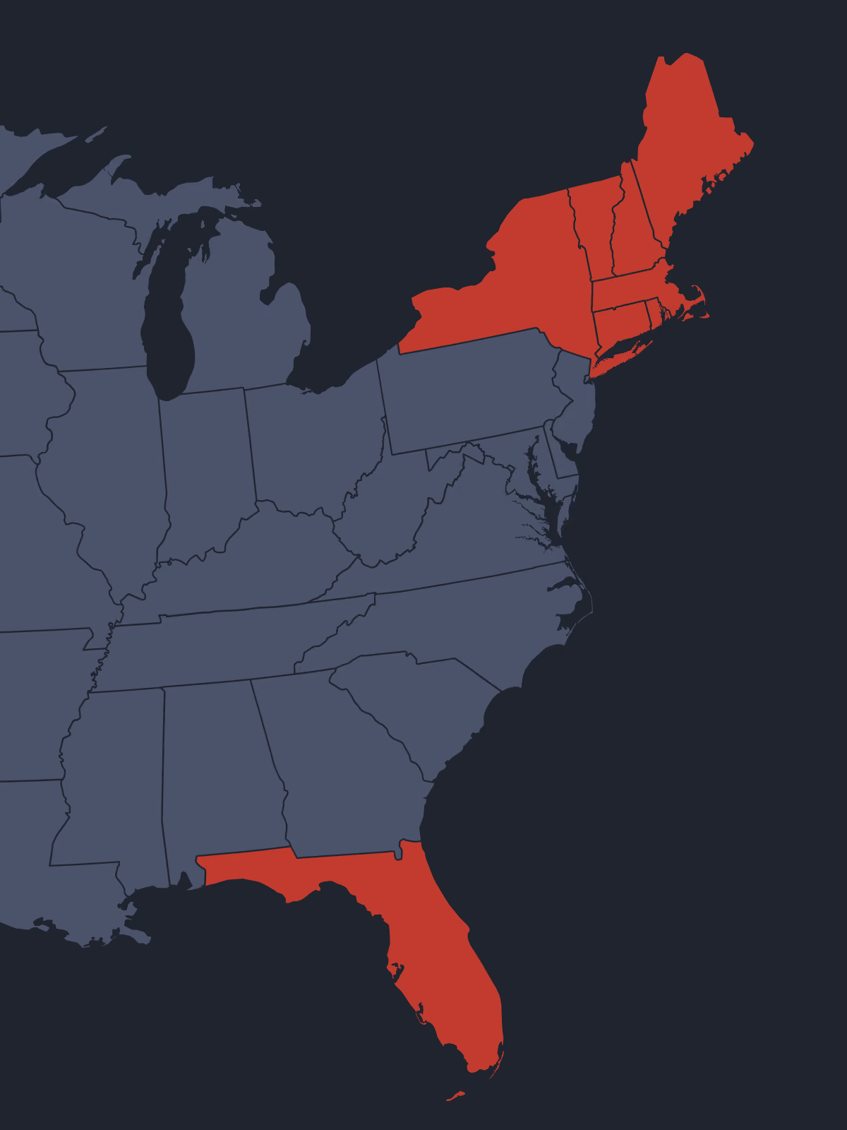 The highlighted states are Maine, New Hampshire, Vermont, Massachusetts, Rhode Island, Connecticut, New York, and Florida.