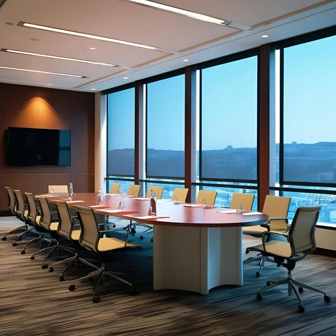 Modern conference room with large windows and roller shades