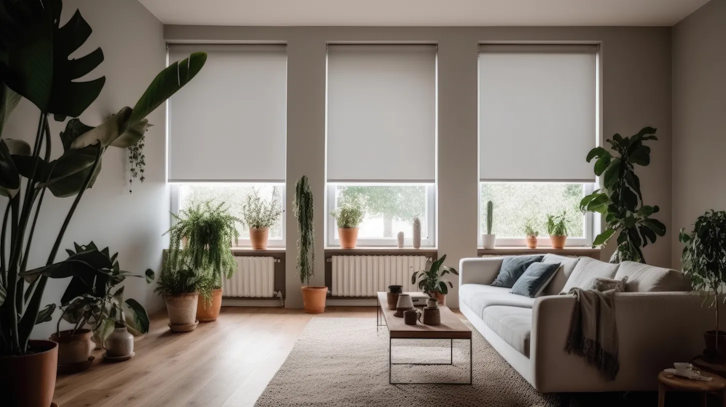 Living room with roller shades and potted plants.