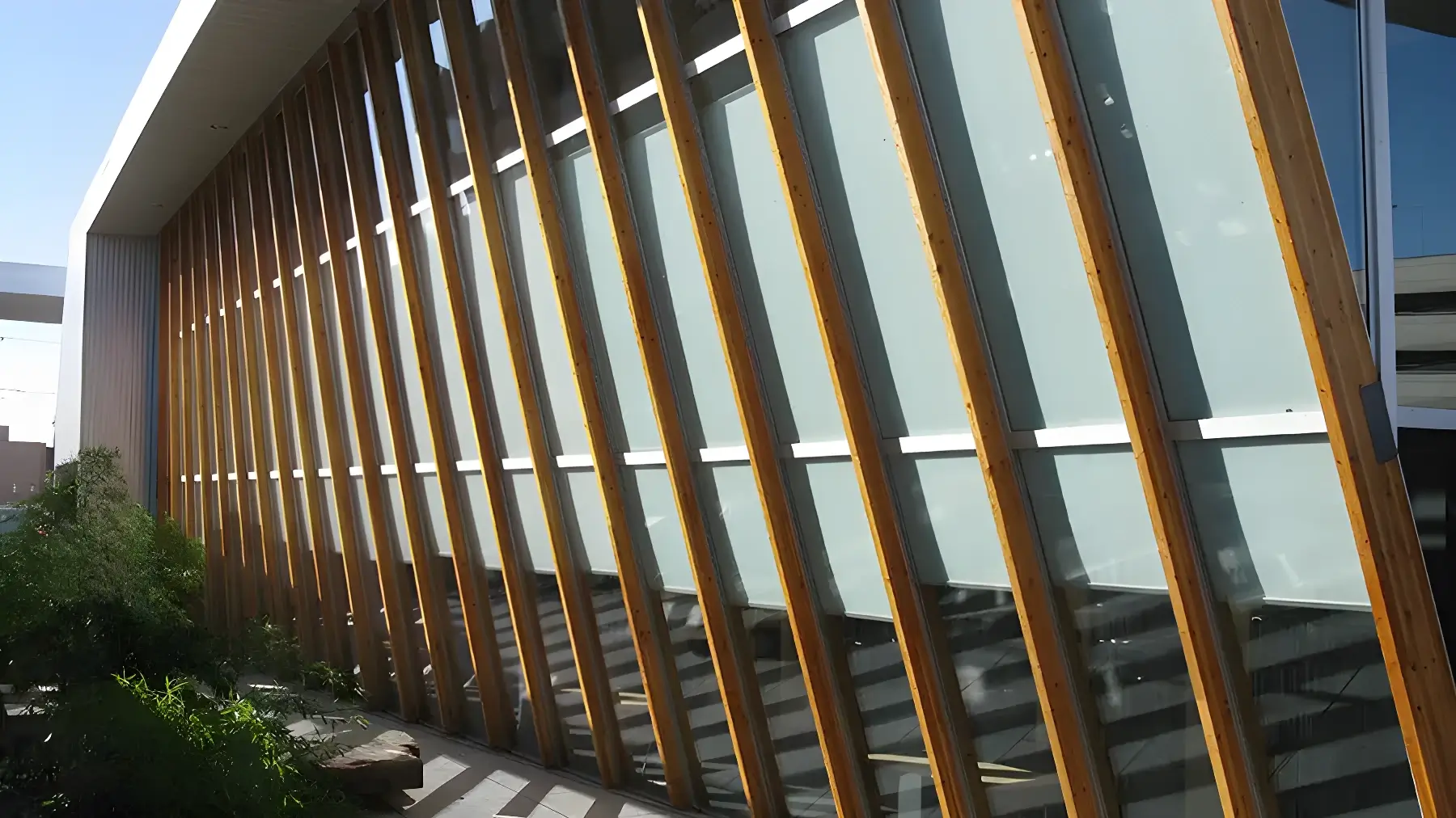 Modern building with vertical wooden slats.