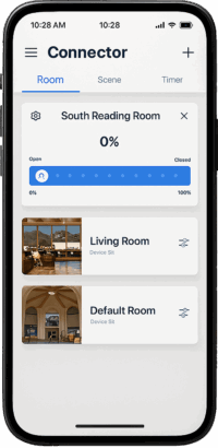 A smartphone displaying the Connector mobile app interface, showing control options for motorized rolling shutters by room. The screen displays shutter status for the South Reading Room, Living Room, and Default Room, with options to adjust open/close percentages and manage scenes or timers.