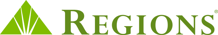 Regions Bank logo with green triangular symbol and text.