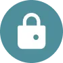 White padlock icon on a teal circular background representing security or privacy.