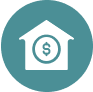 White house icon with a dollar sign inside a blue-green circle.