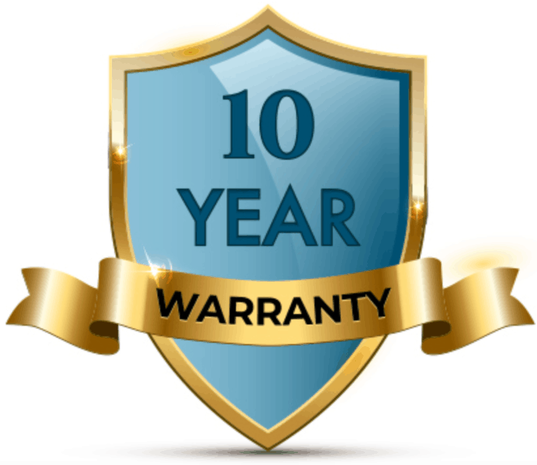 Blue shield with gold border and ribbon stating 10 Year Warranty.