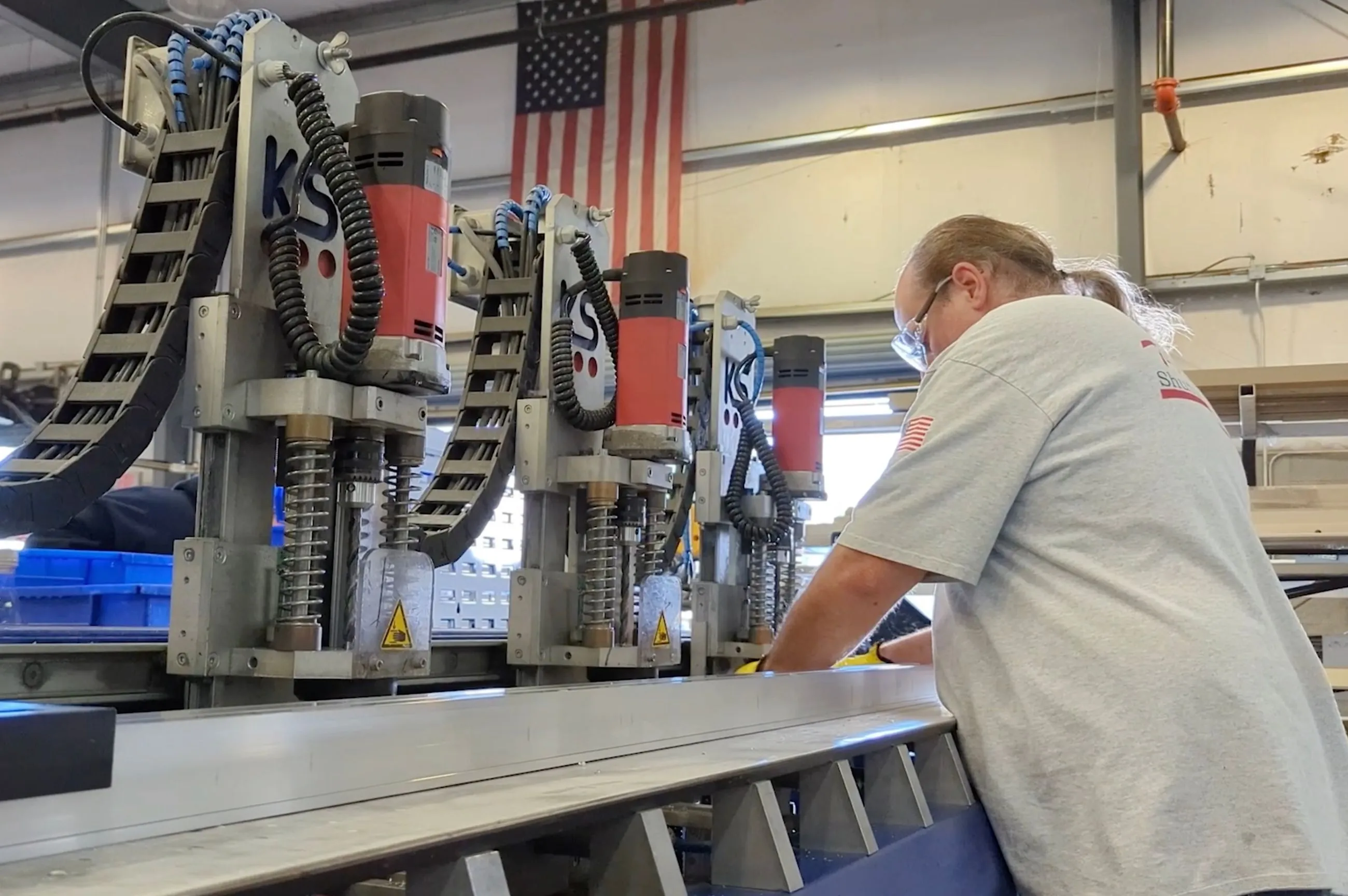 Heavy-duty guide rail drilling machine for fabrications.