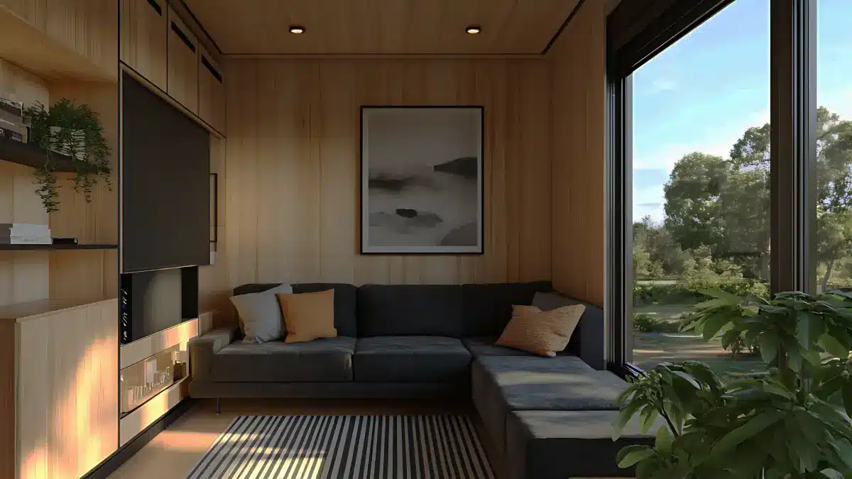 Modern living room with large window, sectional sofa, and wall art.
