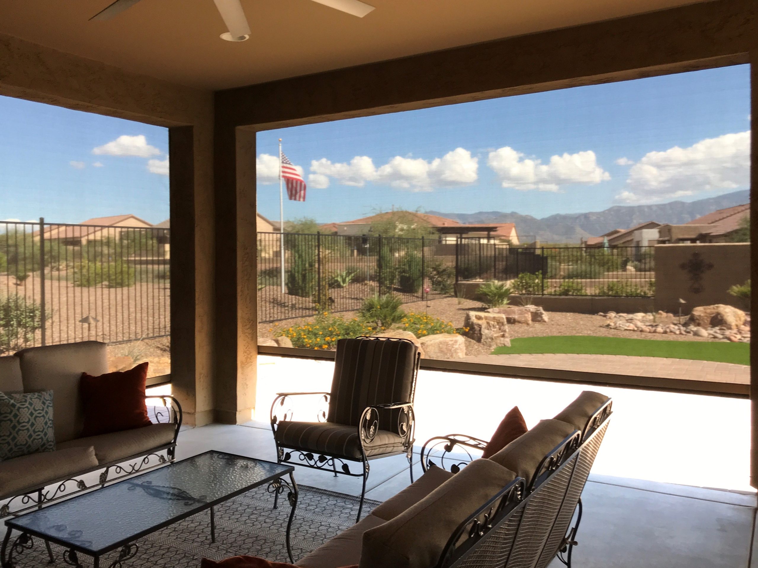 Patio with solar screens and desert views in Tucson, AZ.