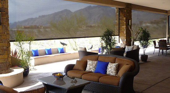 Patio with solar screens and seating, Tucson.