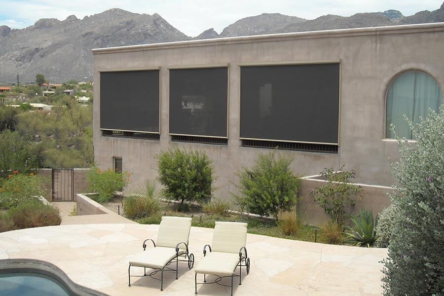 Solar screens on a Tucson home with mountain view.