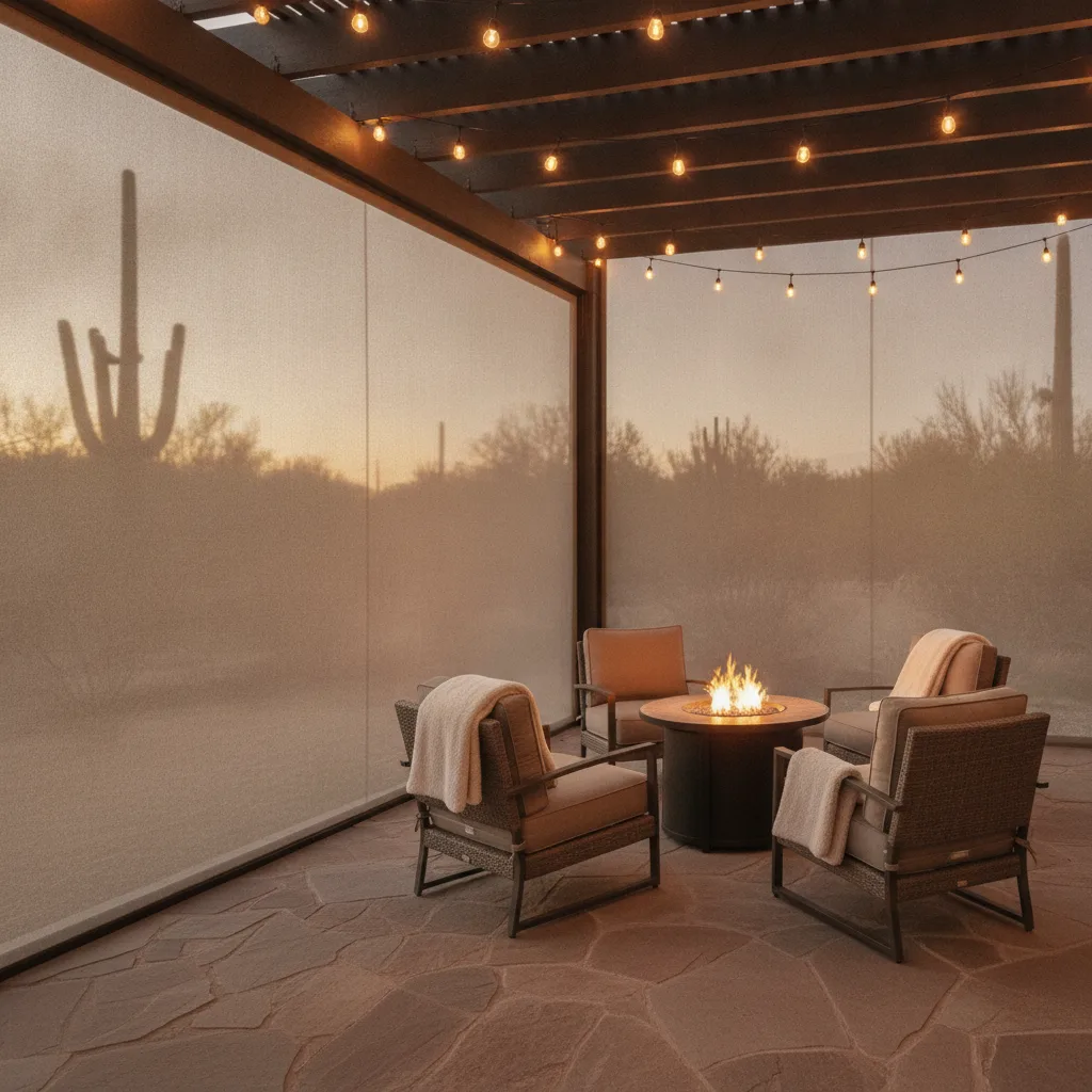 A Tucson patio at dusk with a glowing fire pit, deep-cushioned chairs, and a deployed retractable screen with saguaro silhouettes.