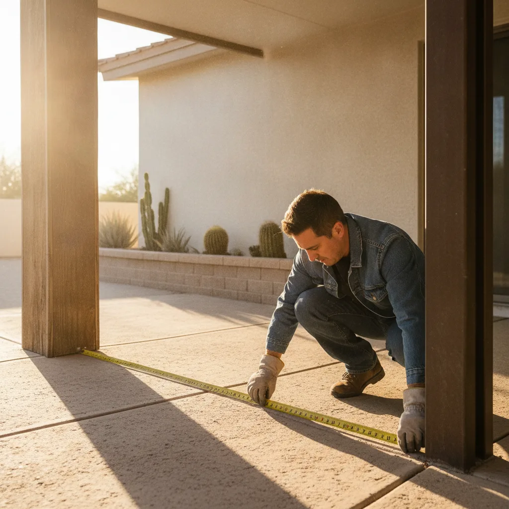 A homeowner measures a covered patio opening with a tape measure on a sunny Arizona morning.
