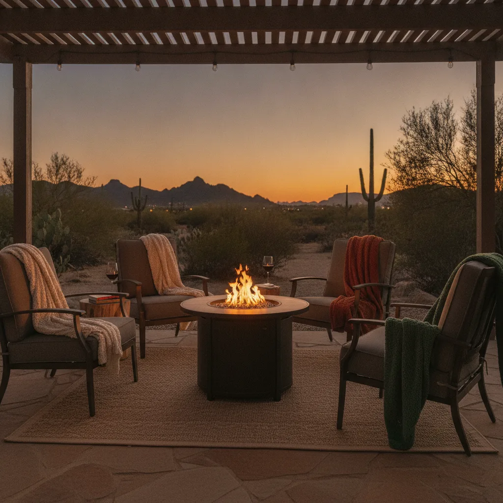 A cozy desert patio at dusk with a propane fire pit, four chairs with throws, and wine, under a wooden pergola.