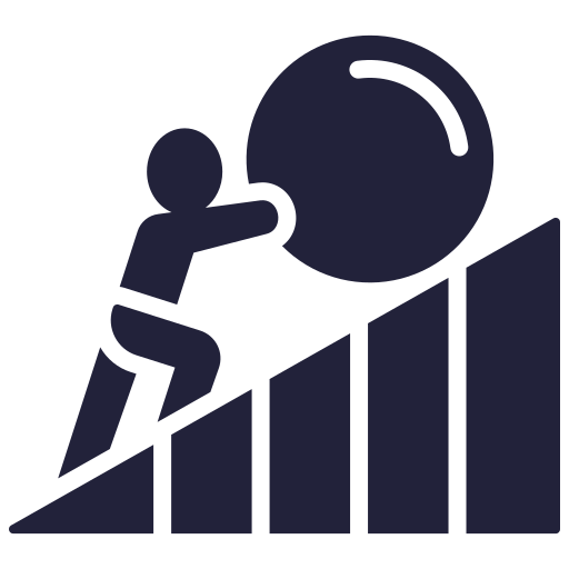 Icon of a person pushing a large boulder uphill on a stepped slope, symbolizing struggle or effort.