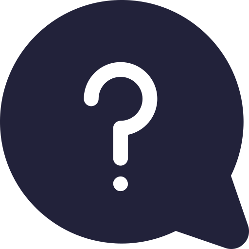 Dark speech bubble with a black question mark inside.