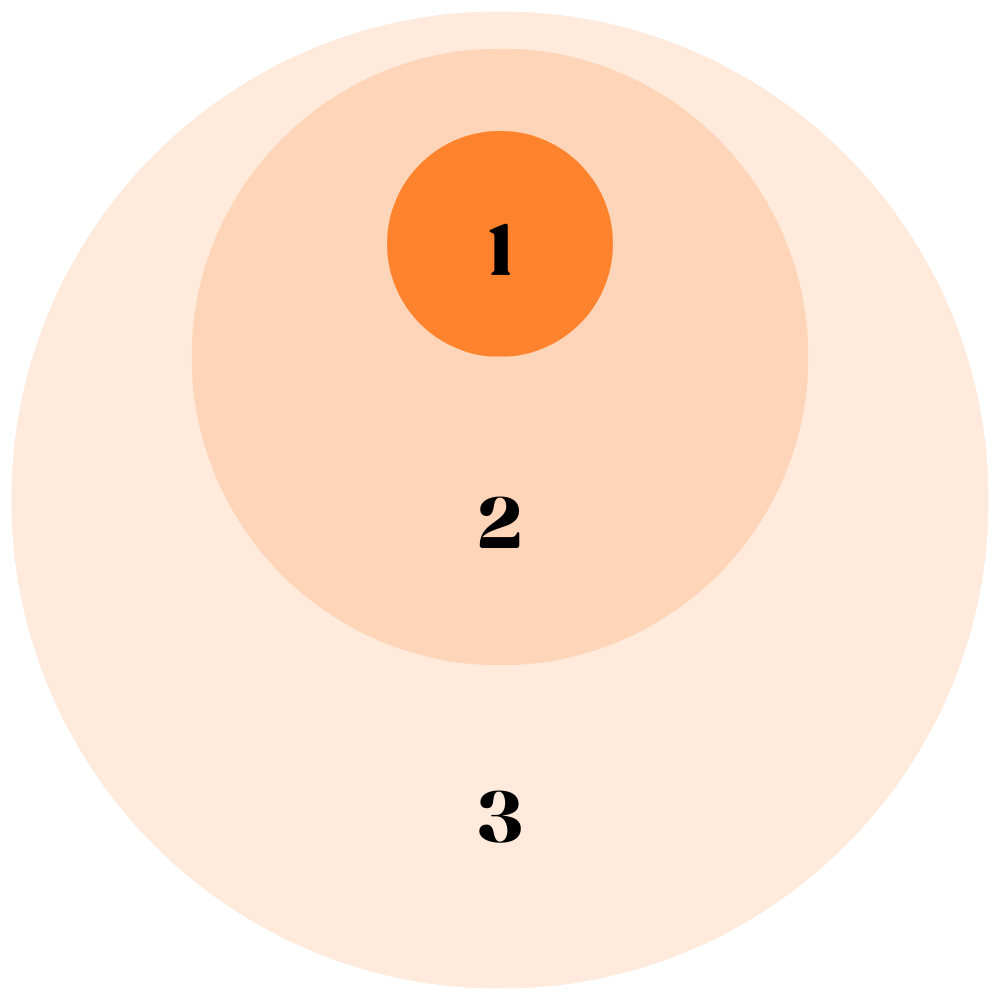 Three concentric circles in shades of orange labeled 1, 2, and 3 from the smallest to largest circle.
