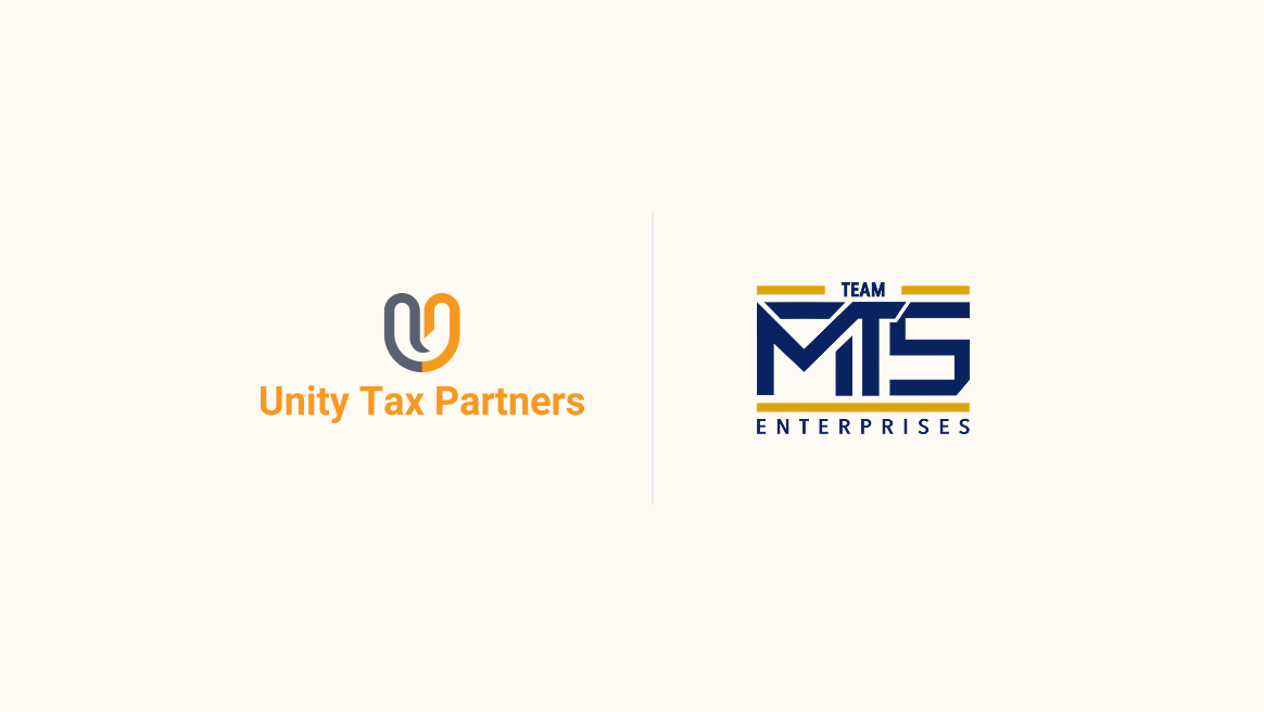 Logos of Unity Tax Partners and Team MTS Enterprises side by side with a vertical divider