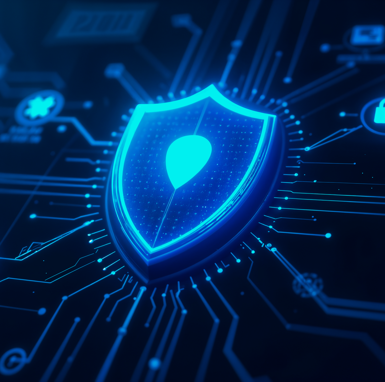Leuchtender blauer Schild mit einem Tropfen-Symbol, umgeben von digitalen Stromkreisen, symbolisiert Cybersicherheit.