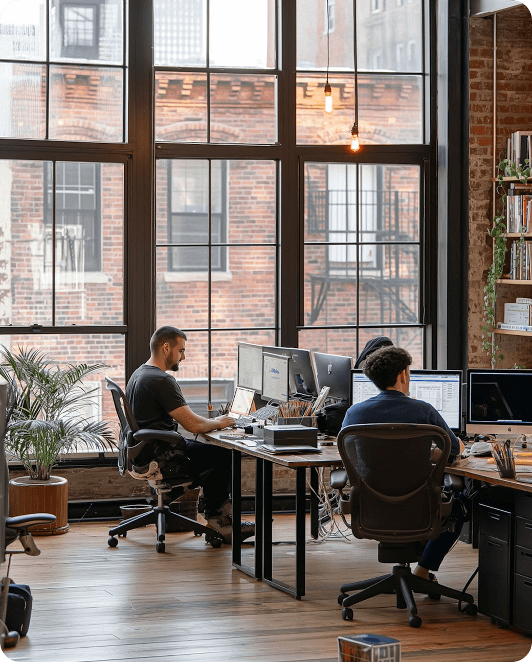Zwei Personen arbeiten an Computern in einem modernen Büro mit großen Fenstern und Holzfußboden.
