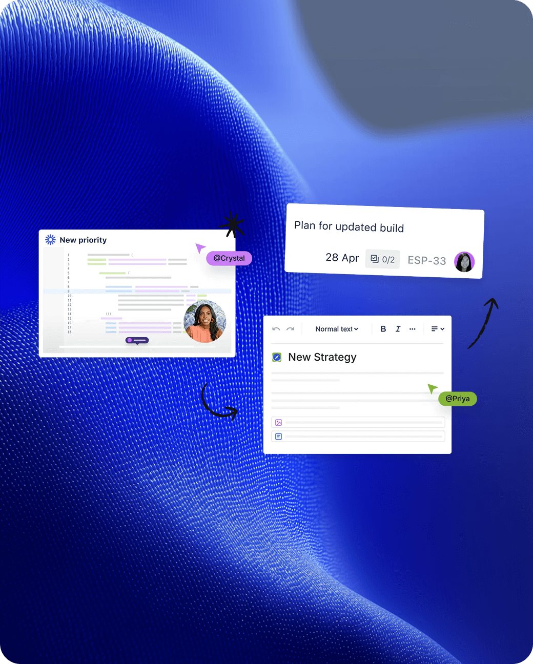 Drei digitale Notizen mit Beschriftungen 'New priority', 'Plan for updated build' und 'New Strategy', hervorgehoben sind Nutzer @Crystal und @Priya vor einem blauen, texturierten Hintergrund.