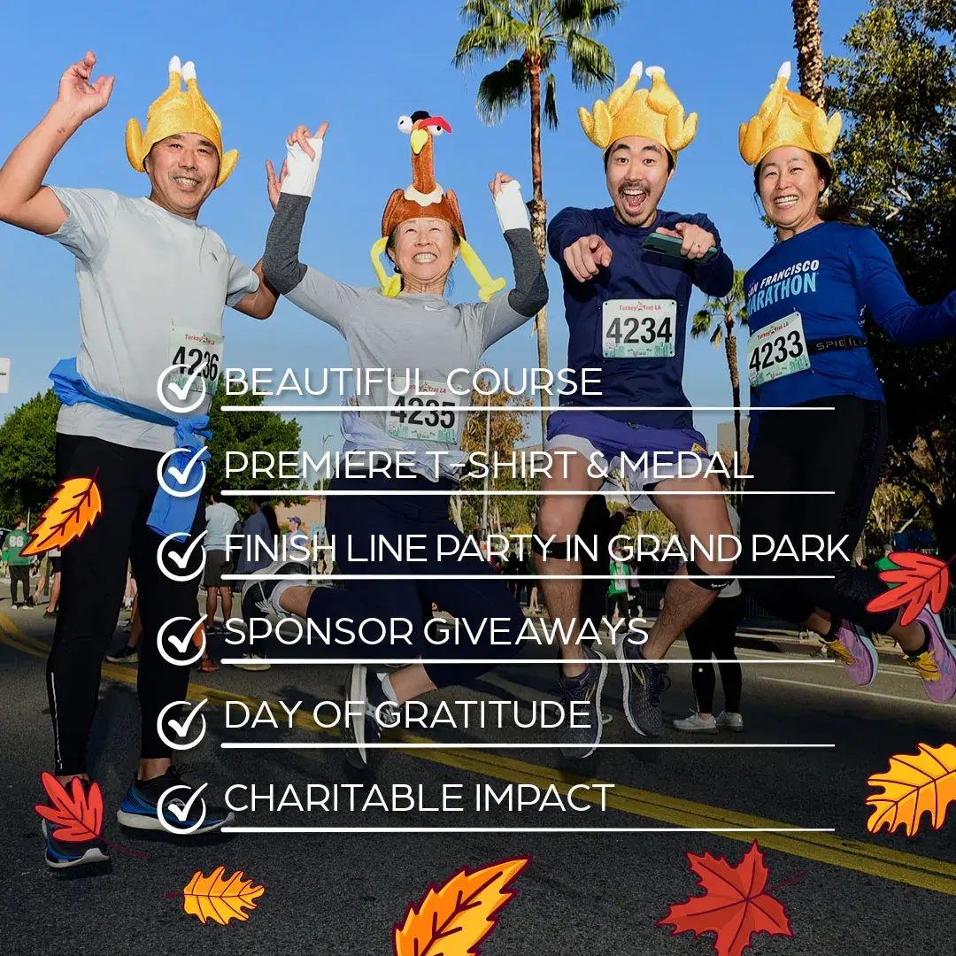 Four happy runners outdoors wearing turkey-themed hats and race bibs jumping with palm trees in the background, autumn leaves overlay, and event features listed.