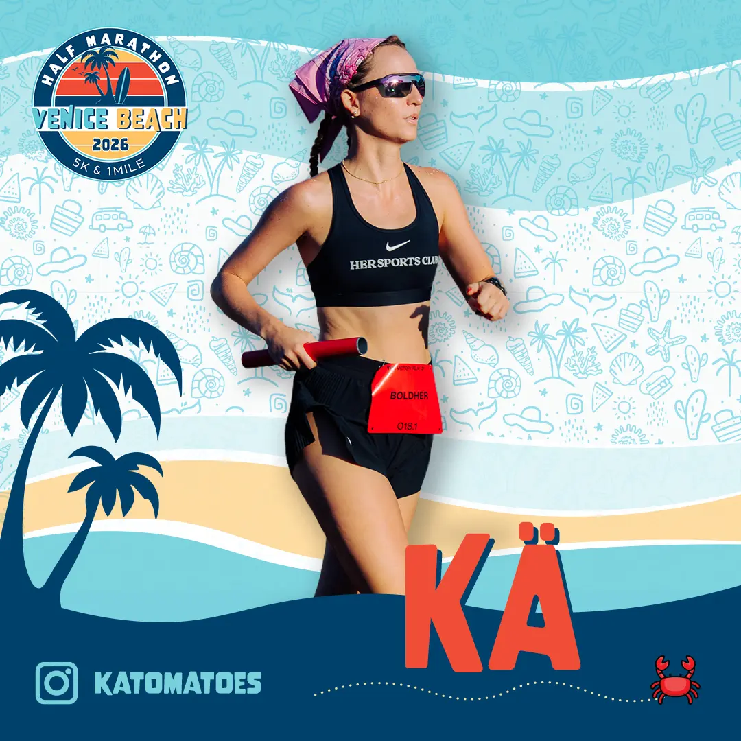 Woman posing in black athletic wear and headband against a Venice Beach Half Marathon & 5K graphic background featuring palm trees and waves.
