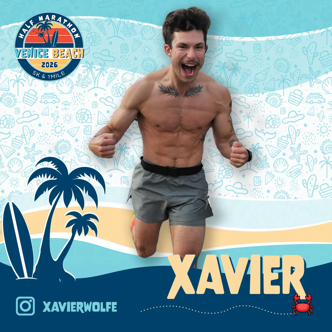 Smiling woman in athletic wear with arms crossed in front of a graphic with red palm trees and text 'Venice Beach Half Marathon & 5K'.