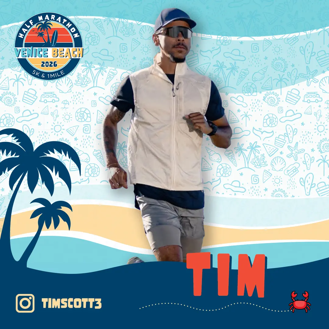 Smiling runner wearing sunglasses and a black tank top holding a marathon finisher's medal with a Venice Beach Half Marathon & 5K logo overlay.