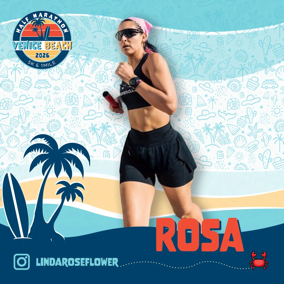 Smiling runner wearing sunglasses and a black tank top holding a marathon finisher's medal with a Venice Beach Half Marathon & 5K logo overlay.