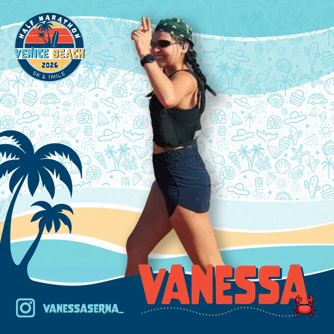 Smiling runner wearing sunglasses and a black tank top holding a marathon finisher's medal with a Venice Beach Half Marathon & 5K logo overlay.