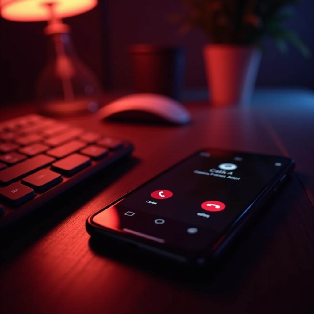 A smartphone rests on a dark desk, its screen illuminated with an active phone call showing "decline" and "accept" buttons. The scene is bathed in a dramatic red and blue light, with a keyboard and a plant pot blurred in the background.