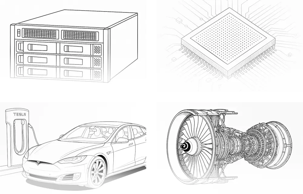 Images of data centers, semiconductors, electric vehicles, and aerospace