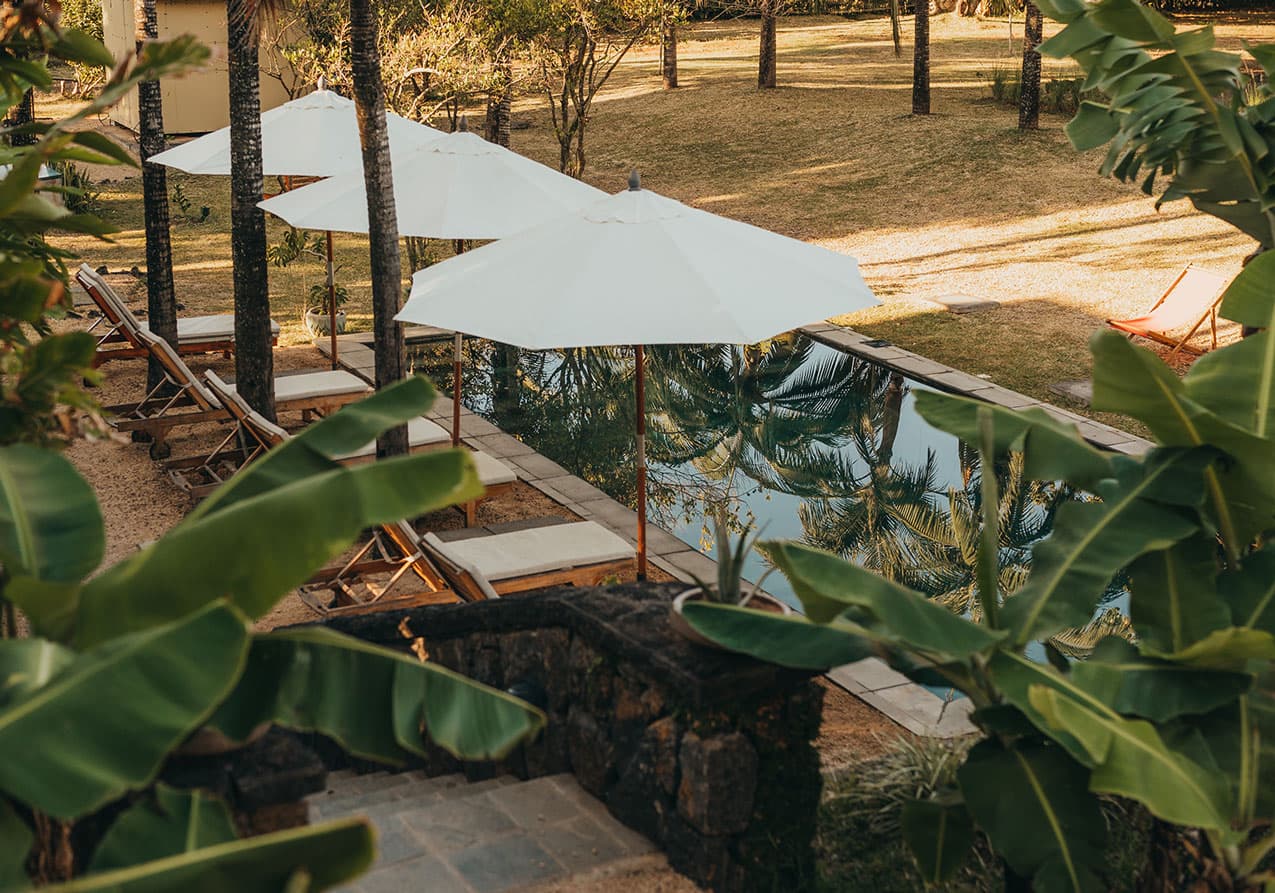 Tropical poolside area in Mauritius with lounge chairs, white umbrellas, and lush greenery—Island Lilly’s serene outdoor relaxation space