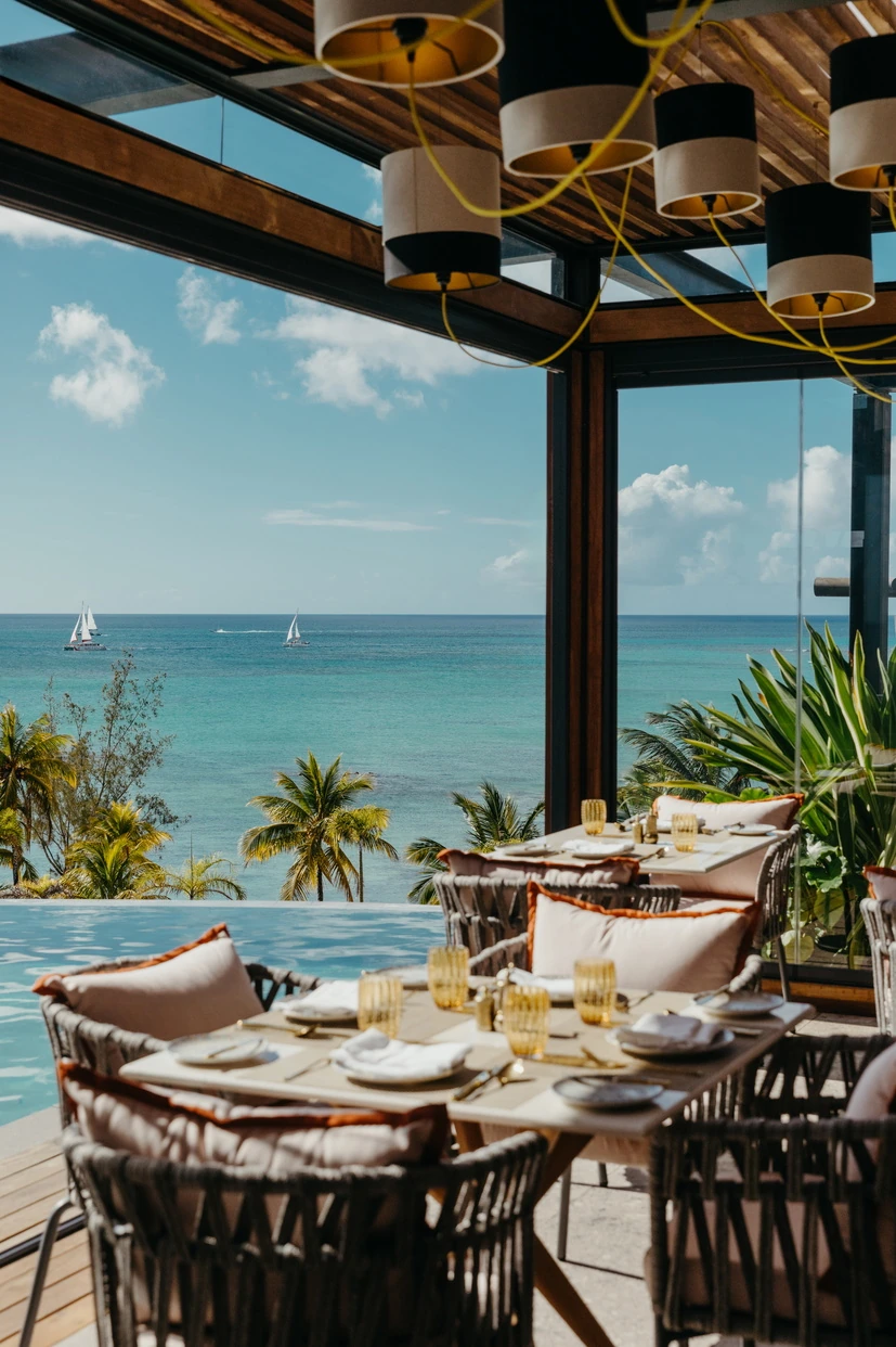 Resort restaurant sea facing at sunset mauritius
